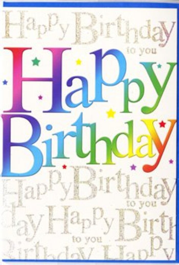 This photograph focuses on a striking birthday card whose design combines playful colour with refined detail, evoking the easy, neighbourly warmth of Cricklewood celebrations. In the middle of the card, the phrase Happy Birthday is written in wide, round-edged letters that appear slightly raised from the surface, like cut-outs or gently inflated shapes. Each character is drenched in a different section of the colour spectrum, forming a smooth rainbow effect: deep reds melt into bright corals, which fade into sunny yellows, then progress through fresh greens, aqua tones, rich blues, and royal purples. The transitions are soft and airbrushed, giving the impression of colours blending on a painter's palette. Dotted around this greeting, tiny starbursts and dots in coordinating shades add sparkles of excitement, like the aftermath of a confetti cannon at a birthday party in a local Cricklewood hall. Behind the bold typography lies a delicate underlayer of design: lines of looping cursive script, repeating Happy Birthday to you in a fine, golden ink. This script is evenly spaced across the card in subtle horizontal bands, creating a gentle, textured backdrop that feels like a soft chorus humming behind the central shout of joy. The gold appears slightly metallic, catching light in a way that adds a refined shimmer, especially along the curves of the letters. The card's surface looks sleek and glossy, enhancing the saturation of the colours and the glow of the gold. The overall mood is festive yet polished-a card that feels at home among flowers and gifts on a Cricklewood sideboard, chosen for someone whose birthday you really want to make shine.