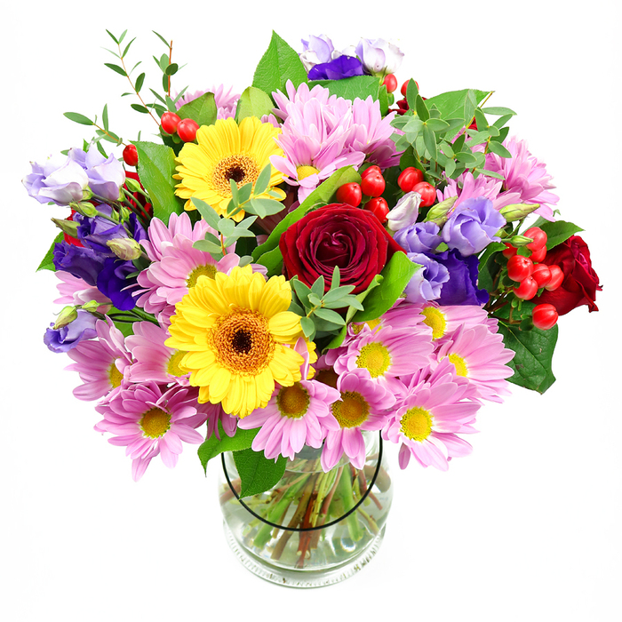 A generous hand-tied bouquet sits proudly in a clear glass vase, photographed against a bright white background that accentuates every petal and leaf. The composition feels both abundant and carefully controlled, with deep red roses forming the emotional core; their velvety petals curl outward in spirals, giving the arrangement richness and depth. Leaning close to these roses, two sunny yellow gerbera daisies with warm brown-orange centres add instant cheer, their open, disc-shaped faces catching the eye and echoing the lively energy of Cricklewood's busy high street. Spilling around the central blooms, clusters of pink daisies and chrysanthemums create a soft halo, their many thin petals and tiny golden centres building a plush, almost cushion-like texture that softens the overall design. Interspersed among these pastel tones, elegant stems of lisianthus in shades of lavender and deep purple wind their way upward, some flowers fully open into bell-shaped cups, others paused at bud stage, offering gentle movement and cool contrast. Bright red hypericum berries dot the bouquet like tiny ornaments, their smooth, rounded surfaces catching highlights and bringing a playful, tactile element that sets off the velvet roses and feathery daisies. The whole arrangement is supported by layers of greenery-broad, glossy leaves and finer, lighter green foliage-that frame the flowers and give a sense of natural lushness, reminiscent of the leafy avenues leading towards Gladstone Park. Through the glass, neatly trimmed stems are visible, gathered in clear water and fanned out with precision, revealing the florist's practiced hand. The overall impression is of a joyful, uplifting display, suitable for birthdays, thank-you gifts, or simply to bring a burst of colour and fragrance into a Cricklewood home, where it might sit on a kitchen table or windowsill catching the soft afternoon light.