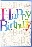The image shows a colourful, uplifting birthday card that almost seems to smile back at you, much like a friendly greeting from a neighbour along Cricklewood Broadway. At the heart of the design, the words Happy Birthday are set in large, rounded letters that curve gently and feel approachable, as if each character were softly sculpted. These letters are filled with a smooth gradient of colour, moving through the entire rainbow from warm, juicy reds and oranges to bright yellows, grassy and mint greens, aqua blues, deeper royal blues, and finally into rich purples. The blending is seamless, giving the impression of light passing through stained glass or petals layered in a vibrant bouquet. Tiny multicoloured stars and speckles are scattered lightly around the main phrase, adding just enough sparkle to suggest confetti drifting down after a chorus of birthday wishes. The background is covered in delicate golden handwriting, where the line Happy Birthday to you is repeated in neat, flowing script that arches and loops gracefully. This script seems to be printed in a metallic or foil-like ink, creating a soft, luxurious shine whenever light strikes the card, a bit like the glimmer you see on polished shop windows in the evening. The interplay between the bold rainbow letters and the refined, shimmering script gives the card both energy and elegance. Its surface appears smooth and polished, enhancing every hue and highlight. Altogether, the card feels like a small but complete celebration-perfect for standing alongside a vase of fresh flowers and a lovingly baked cake at a Cricklewood birthday gathering.